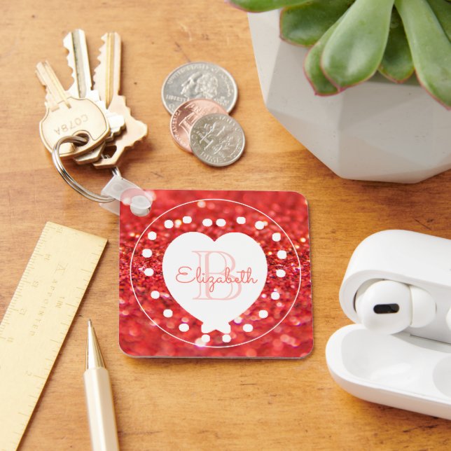 Double Sided Monogram Coral Glitter White Heart Key Ring (Desk)