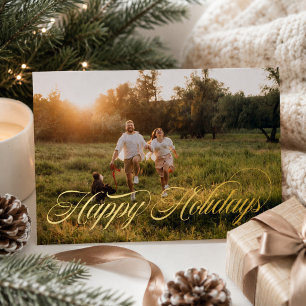 Double Sided Photo Gold Script Happy Holidays Foil Holiday Card