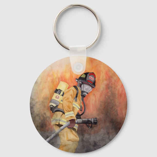 Double-sided Photo & Text  Firefighter Watercolor Key Ring (Front)