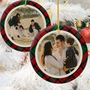 Double Sided Photos Elegant Green Red Plaid Ceramic Ornament