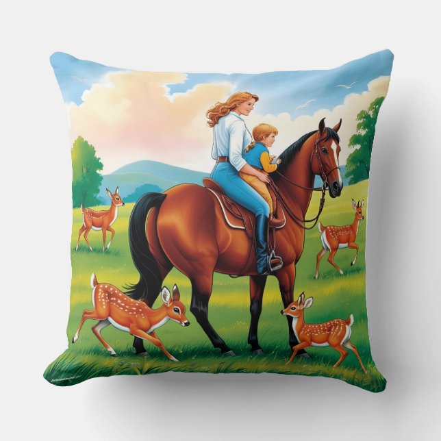 Double-Sided Pillow: Mother, Child, Deer Cushion (Front)