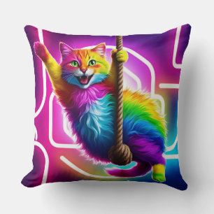 Double-Sided Pillow: Neon Hanging Feline Cushion