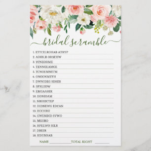 DOUBLE SIDED Pink Blush Flowers Bridal Shower Game
