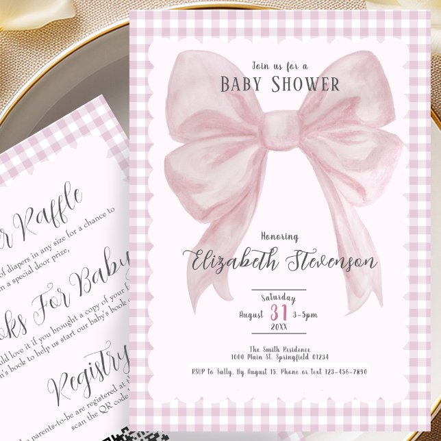 Double Sided Pink Bow Girly Baby Shower Invitation (Creator Uploaded)