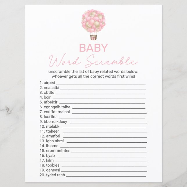 Double Sided Pink Hot Air Balloon Baby Shower Game (Front)