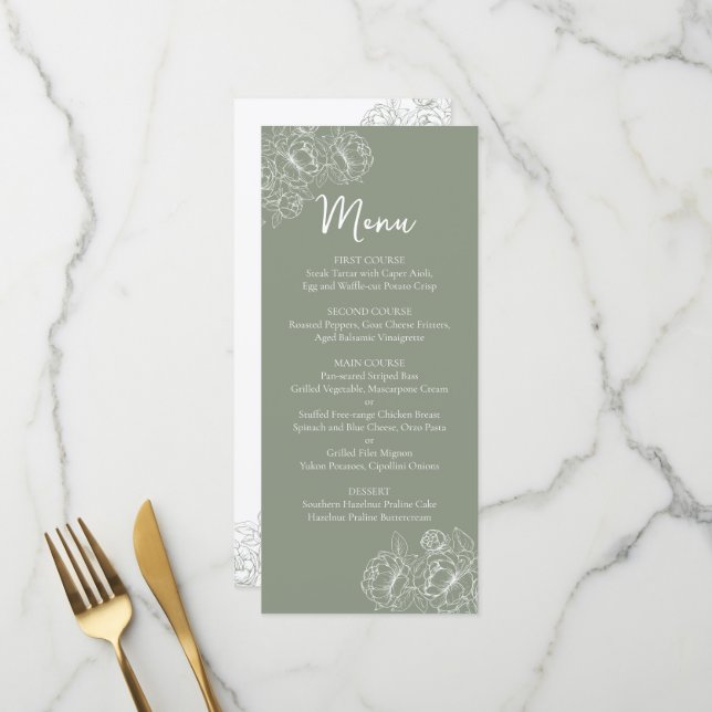 Double-Sided Sage Green Boho Floral Wedding Drink+ Menu (Front/Back In Situ)