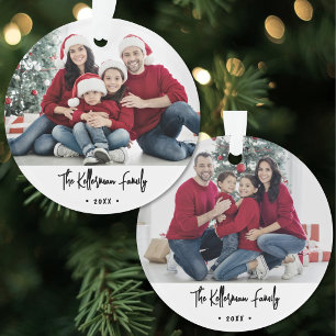 Double Sided Script Family 2 Photo Christmas Ornament