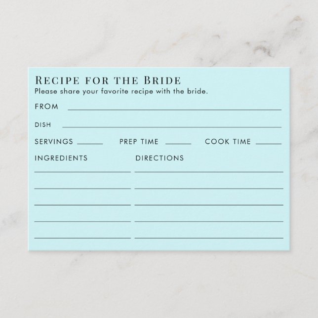 Double Sided Teal Light Blue Bridal Shower Recipe  Enclosure Card (Front)