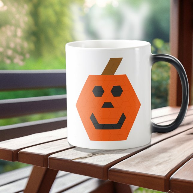 Double-Sided Trapezoid Tile Happy Jack-o-Lantern Magic Mug (on porch table)