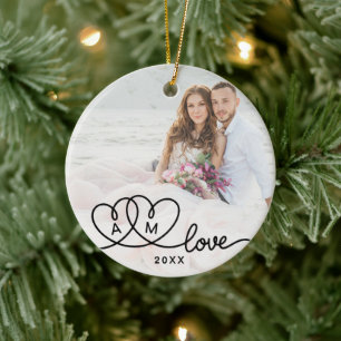 Double Sided Two Photo Script Love Ceramic Ornament