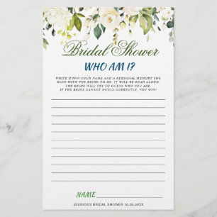 DOUBLE SIDED White Roses Floral Bridal Shower Game