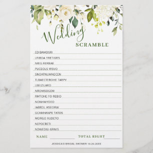 DOUBLE SIDED White Roses Floral Bridal Shower Game