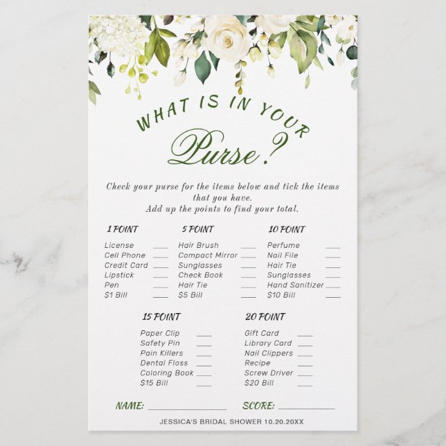 DOUBLE SIDED White Roses Floral Bridal Shower Game (Front)