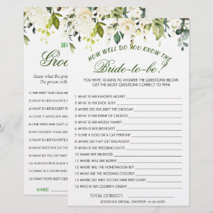 DOUBLE SIDED White Roses Floral Bridal Shower Game
