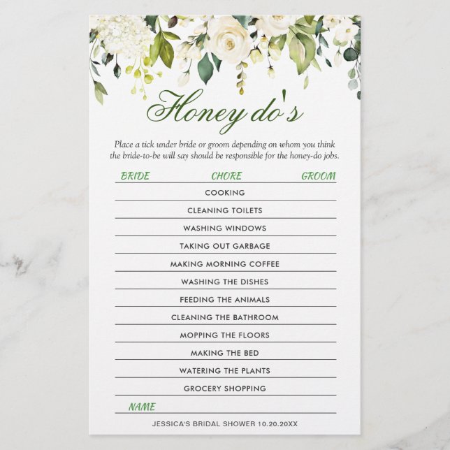 DOUBLE SIDED White Roses Floral Bridal Shower Game (Front)