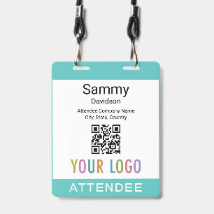 Double Slot Event Badge QR Code Turquoise Blue ID Badge