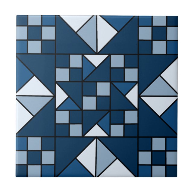 Double Star Chain Shades of Blue Quilt Ceramic Tile (Front)