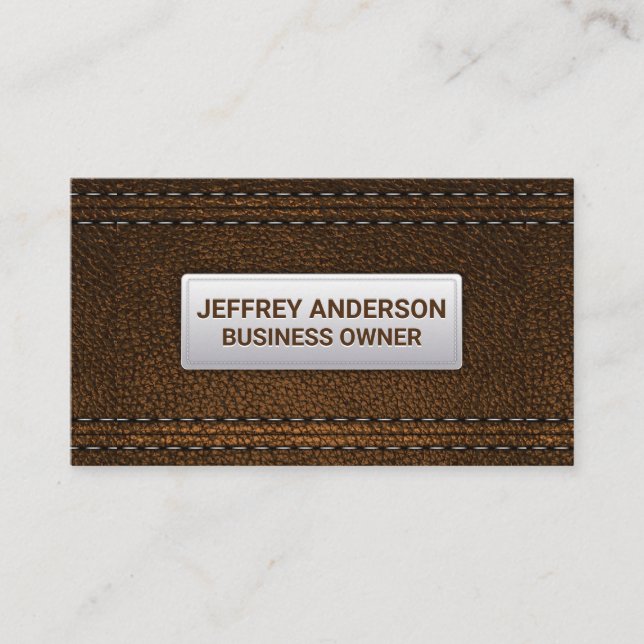 Double Stitched Brown Leather Background Business Card (Front)