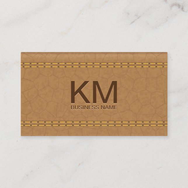 Double Stitched Tan Leather | Emboss Monogram Business Card (Front)