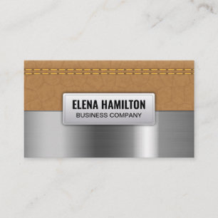 Double Stitched Tan Leather   Metallic Brushed Business Card