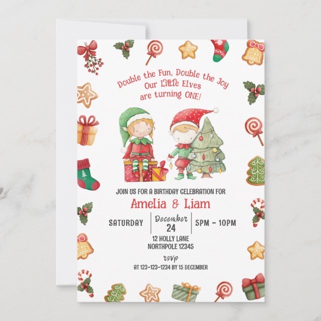 Double the Fun, Elves Christmas Twins 1st Birthday Invitation (Front)