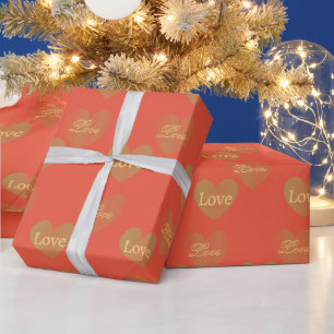 Double the Gold Love Hearts on Valentine Red Wrapping Paper