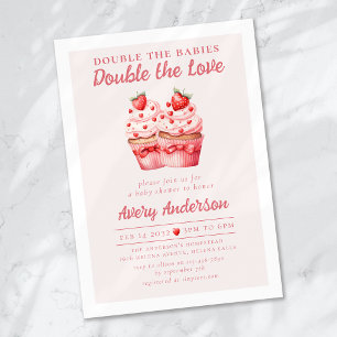 Double the Love Pink Cupcake Twin Baby Shower Invitation