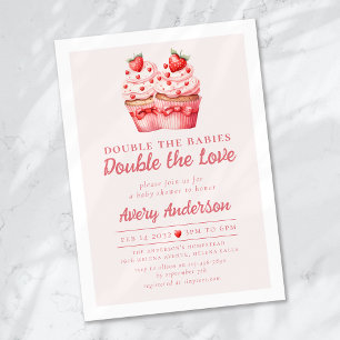Double the Love Pink Cupcake Twin Baby Shower Invitation