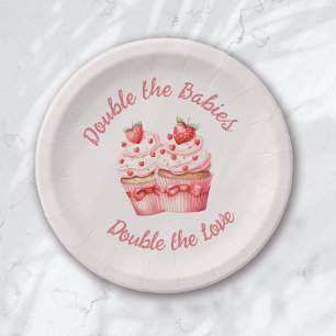 Double the Love Pink Cupcake Twin Baby Shower Paper Plate