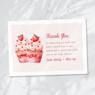 Double the Love Pink Cupcake Twin Baby Shower Thank You Card