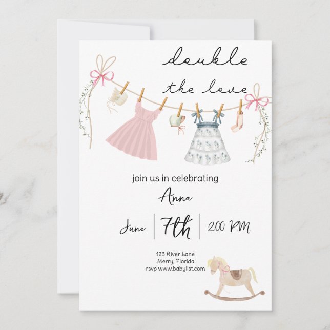 Double the Love twins baby shower Invitation (Front)