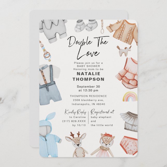 Double the Love Twins Boy Girl Baby Shower Invitation (Front/Back)