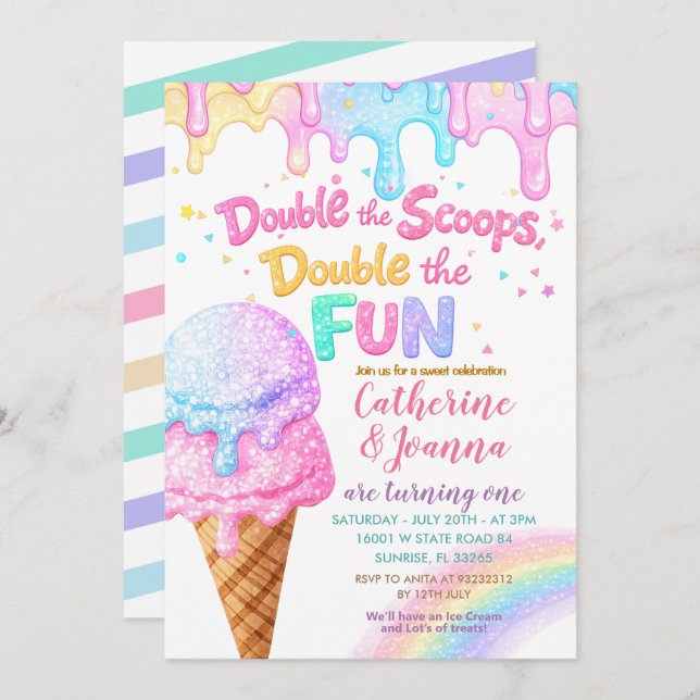 Double the Scoops Birthday ice Cream Glitter Invitation (Front/Back)