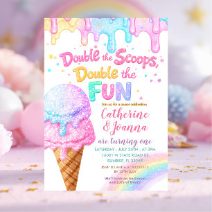 Double the Scoops Birthday ice Cream Glitter Invitation