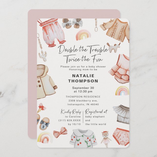 Double The Trouble Girl Twins Pink Baby Shower Invitation (Front/Back)