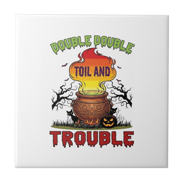 Double Toil Trouble Cauldron Halloween Black Cat P Ceramic Tile (Front)