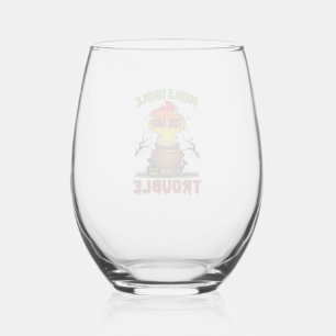 Double Toil Trouble Cauldron Halloween Black Cat P Stemless Wine Glass