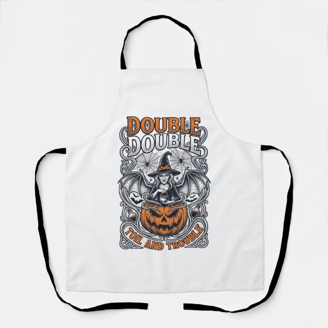 Double Toil Trouble Witch Pumpkin Halloween Cobweb Apron (Front)