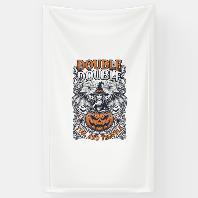 Double Toil Trouble Witch Pumpkin Halloween Cobweb Banner (Vertical)