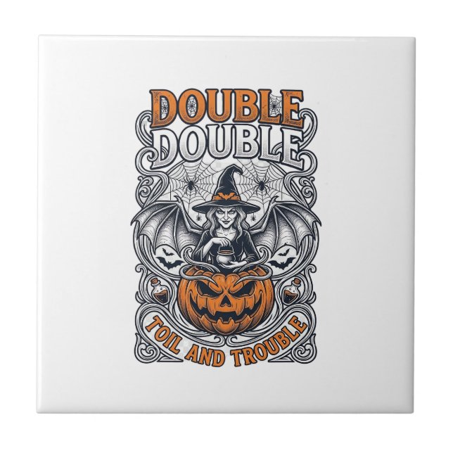 Double Toil Trouble Witch Pumpkin Halloween Cobweb Ceramic Tile (Front)