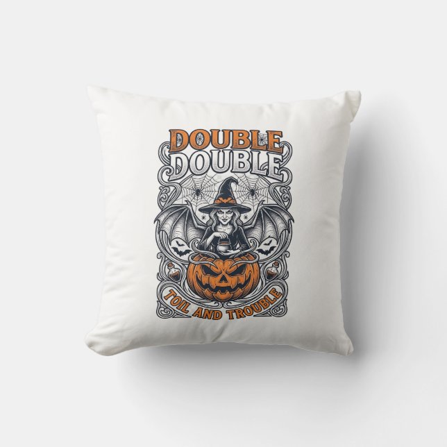 Double Toil Trouble Witch Pumpkin Halloween Cobweb Cushion (Front)