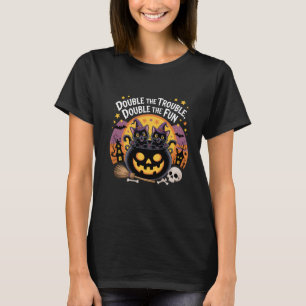 Double Trouble Cute Black Cats Halloween Cauldron T-Shirt