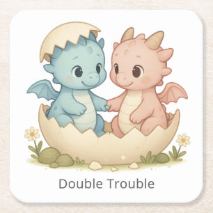 Double Trouble Fantasy Twin Baby Dragons Square Paper Coaster