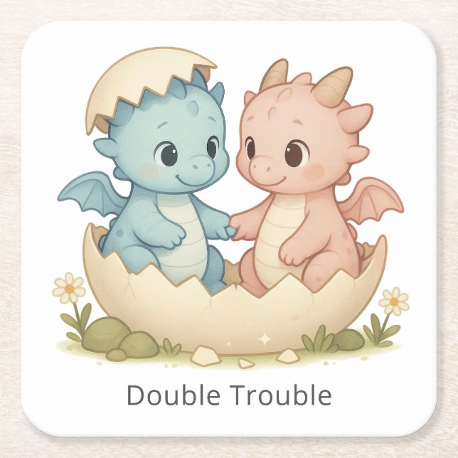 Double Trouble Fantasy Twin Baby Dragons Square Paper Coaster (Front)