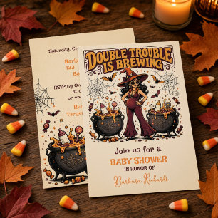 Double Trouble is Brewing Halloween Twins  Invitation
