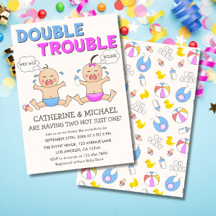 Double Trouble Twin Boy & Girl Baby Shower Invitation