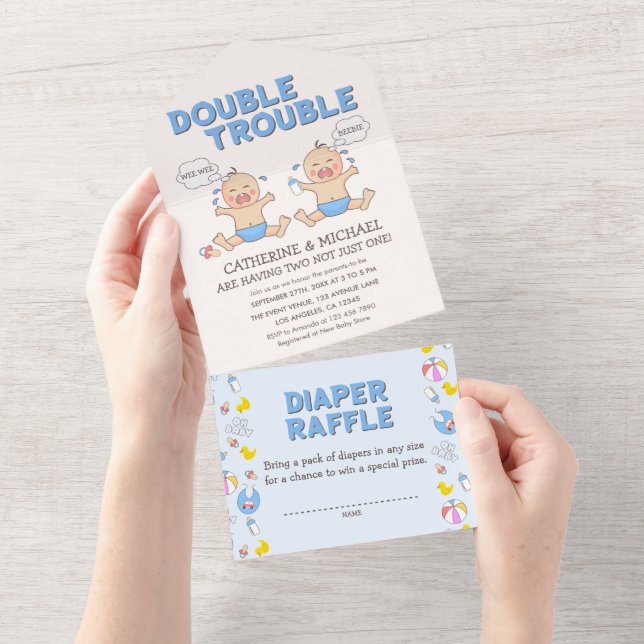 Double Trouble Twin Boys Baby Shower All In One Invitation (Tearaway)