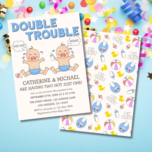 Double Trouble Twin Boys Baby Shower Invitation (Creator Uploaded)