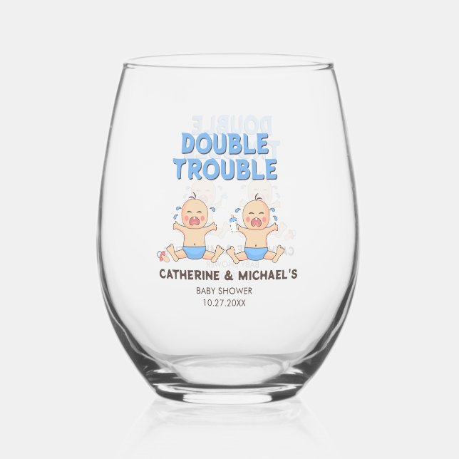 Double Trouble Twin Boys Baby Shower Stemless Wine Glass (Back)