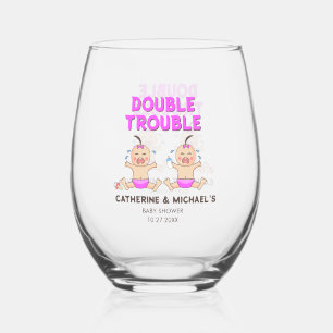 Double Trouble Twin Girls Baby Shower Stemless Wine Glass